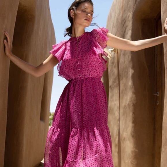 Sabina Musáyev Riviera Midi Dress Size Medium Pink Printed Tiered *no belt - Picture 1 of 14